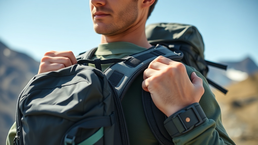 산행 시작 전 배낭의 어깨 스트랩과 로드 리프터를 세밀하게 조정하고 있는 등산객의 모습