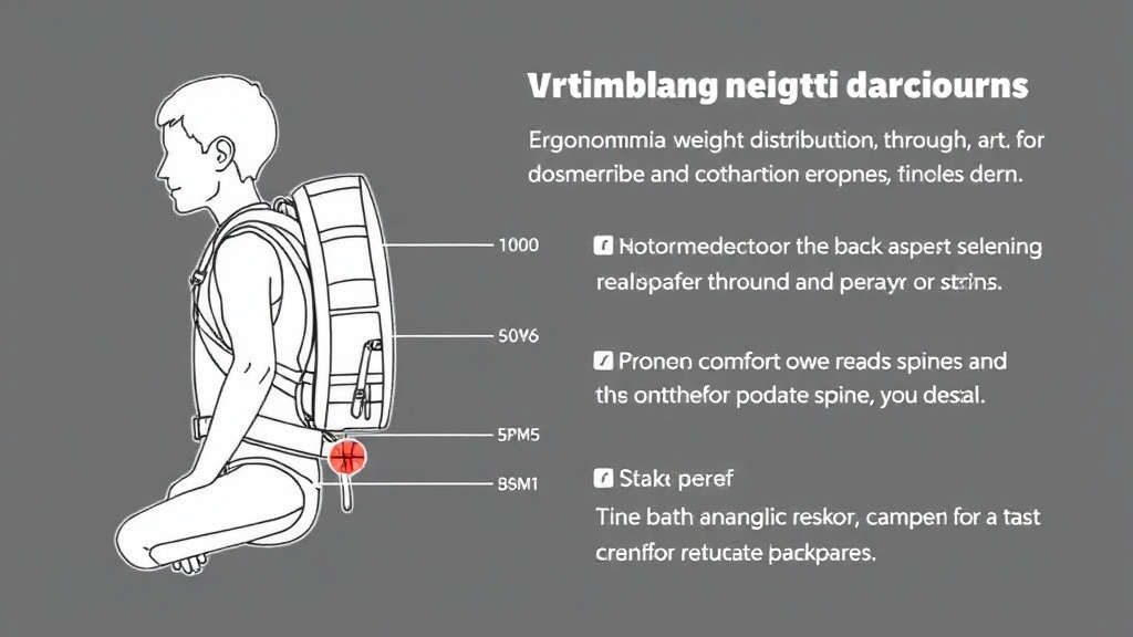 배낭의 무게 중심이 척추와 골반으로 이어지는 하중 분산 경로를 보여주는 인체 공학 다이어그램