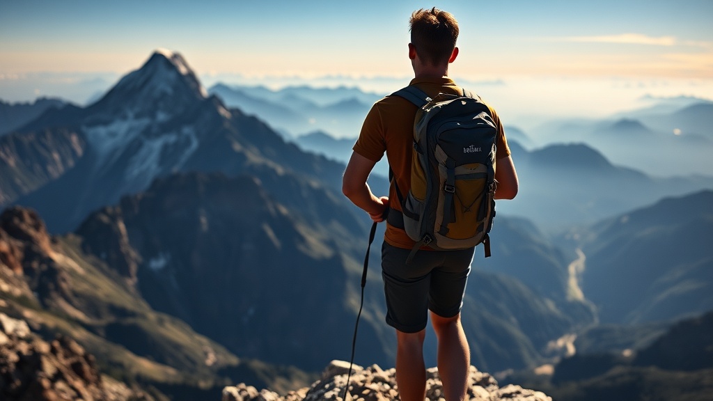산 정상에서 등산 배낭을 메고 있는 등산객의 뒷모습과 배낭이 등에 완벽하게 밀착된 상태