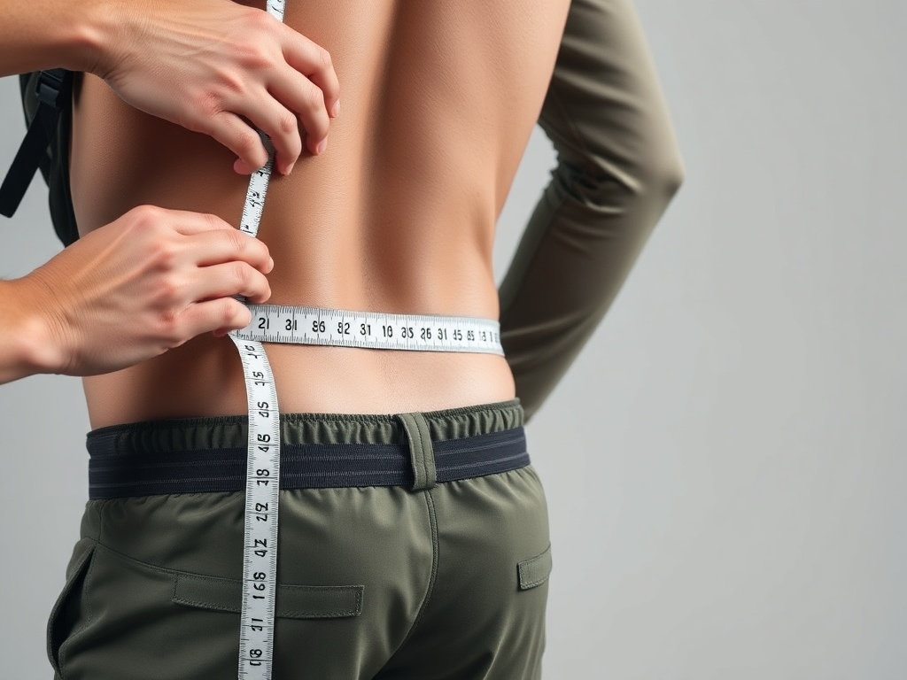 등산객이 줄자를 사용하여 목 뒤 돌출된 뼈부터 골반 상단까지의 길이를 측정하는 모습